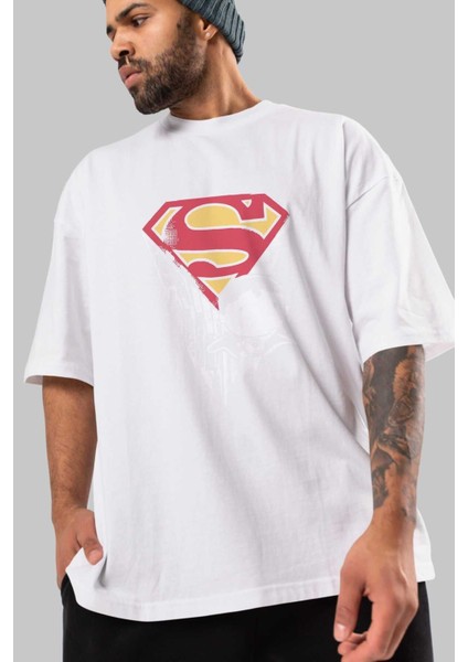 Superman Ön Baskılı Beyaz Oversize T-Shirt Bisiklet Yaka Erkek Kadın modelleri