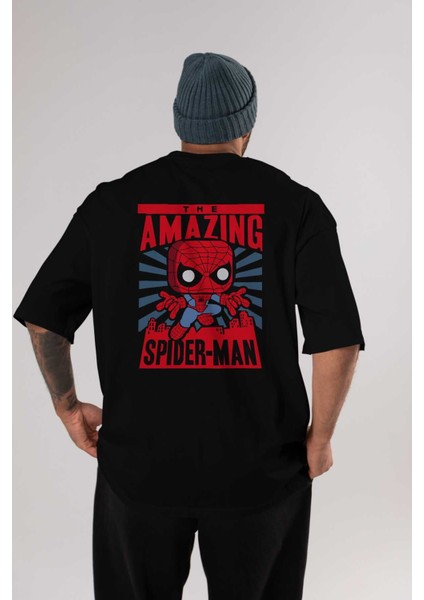 Spiderman (20) Arka Baskılı Siyah Oversize T-Shirt Bisiklet Yaka Pamuk Erkek Kadın