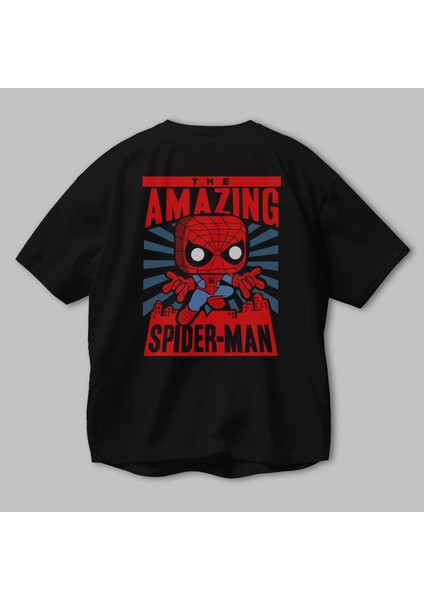 Spiderman (20) Arka Baskılı Siyah Oversize T-Shirt Bisiklet Yaka Pamuk Erkek Kadın