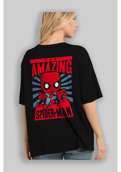 Spiderman (20) Arka Baskılı Siyah Oversize T-Shirt Bisiklet Yaka Pamuk Erkek Kadın