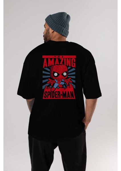 Spiderman (20) Arka Baskılı Siyah Oversize T-Shirt Bisiklet Yaka Pamuk Erkek Kadın