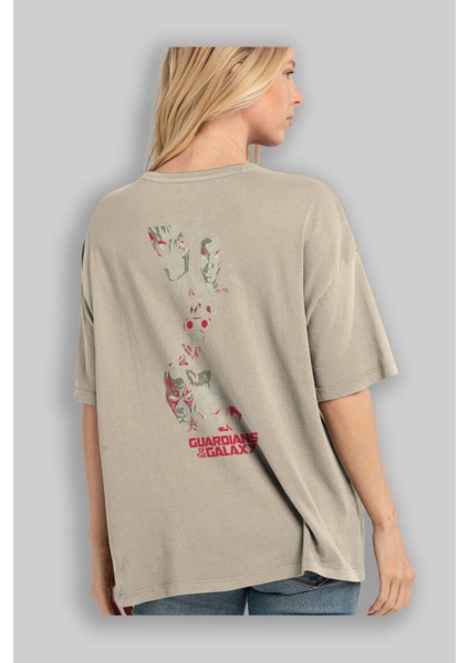 Guardians Of The Galaxy 2 Arka Baskılı Bej Oversize T-Shirt Bisiklet Yaka Pamuk Erkek Kadın modelleri