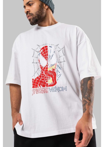 Spiderman Venom Ön Baskılı Beyaz Oversize T-Shirt Bisiklet Yaka Erkek Kadın modelleri