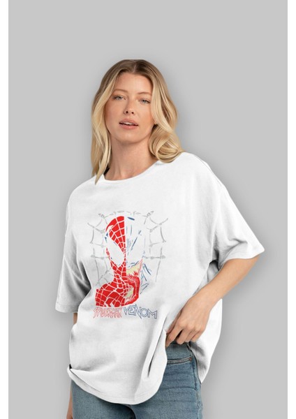 Spiderman Venom Ön Baskılı Beyaz Oversize T-Shirt Bisiklet Yaka Erkek Kadın fırsatları