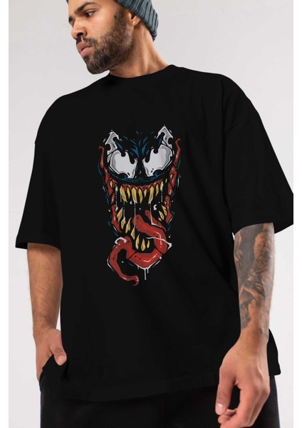 Venom (15) Ön Baskılı Siyah Oversize T-Shirt Bisiklet Yaka Erkek Kadın modelleri