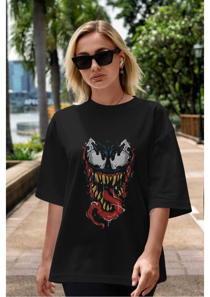 Venom (15) Ön Baskılı Siyah Oversize T-Shirt Bisiklet Yaka Erkek Kadın indirimleri