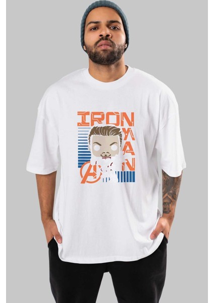 Iron Man (4) Ön Baskılı Beyaz Oversize T-Shirt Bisiklet Yaka Erkek Kadın