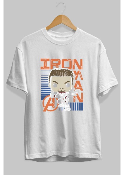 Iron Man (4) Ön Baskılı Beyaz Oversize T-Shirt Bisiklet Yaka Erkek Kadın