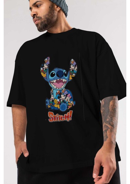 Stitch Ön Baskılı Siyah Oversize T-Shirt Bisiklet Yaka Erkek Kadın modelleri
