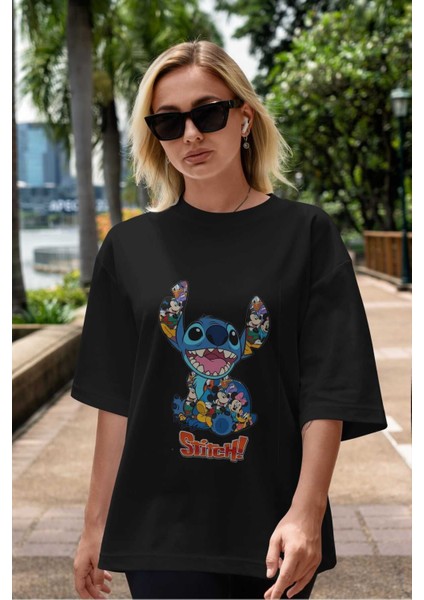 Stitch Ön Baskılı Siyah Oversize T-Shirt Bisiklet Yaka Erkek Kadın indirimleri