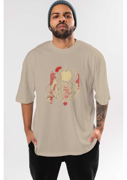 It (2) Ön Baskılı Bej Oversize T-Shirt Bisiklet Yaka Pamuk Erkek Kadın