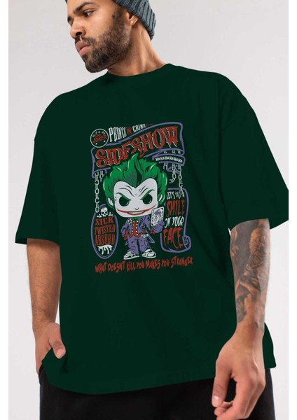 Joker (4) Ön Baskılı Zümrüt Yeşili Oversize T-Shirt Bisiklet Yaka Pamuk Erkek Kadın modelleri