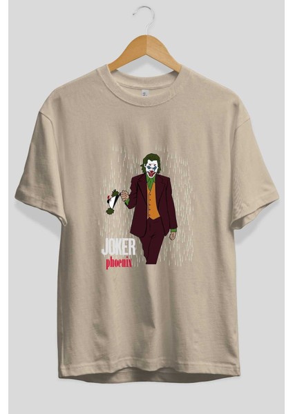 Joker (11) Ön Baskılı Bej Oversize T-Shirt Bisiklet Yaka Pamuk Erkek Kadın fiyatları