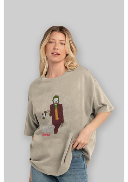 Joker (11) Ön Baskılı Bej Oversize T-Shirt Bisiklet Yaka Pamuk Erkek Kadın fırsatları