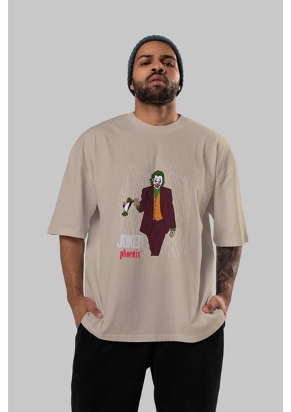 Joker (11) Ön Baskılı Bej Oversize T-Shirt Bisiklet Yaka Pamuk Erkek Kadın indirimleri