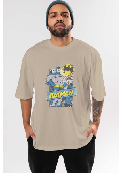 Batman (26) Ön Baskılı Bej Oversize T-Shirt Bisiklet Yaka Pamuk Erkek Kadın