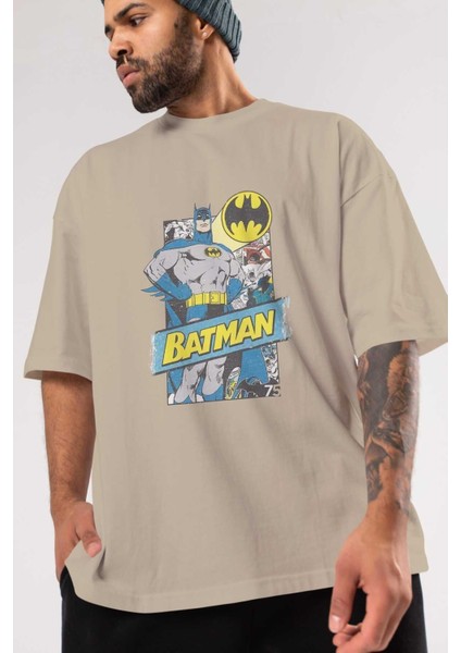 Batman (26) Ön Baskılı Bej Oversize T-Shirt Bisiklet Yaka Pamuk Erkek Kadın modelleri