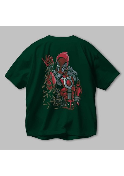 Deadpool (2) Arka Baskılı Zümrüt Yeşili Oversize T-Shirt Bisiklet Yaka Erkek Kadın modelleri