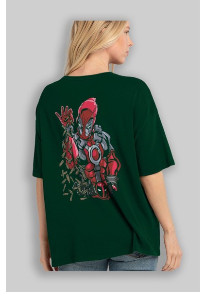 Deadpool (2) Arka Baskılı Zümrüt Yeşili Oversize T-Shirt Bisiklet Yaka Erkek Kadın fırsatları