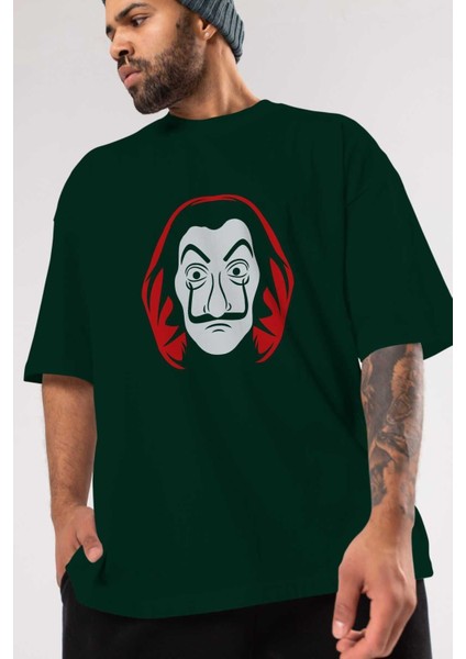 La Casa De Papel (8) Ön Baskılı Zümrüt Yeşili Oversize T-Shirt Bisiklet Yaka Pamuk Erkek Kadın modelleri