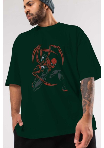 Spiderman (16) Ön Baskılı Zümrüt Yeşili Oversize T-Shirt Bisiklet Yaka Pamuk Erkek Kadın