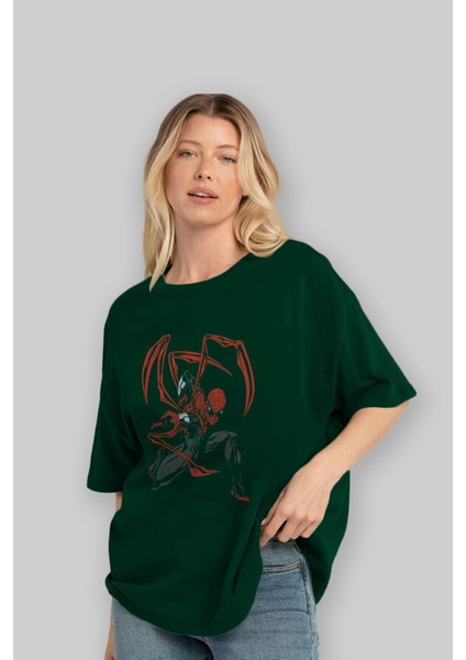 Spiderman (16) Ön Baskılı Zümrüt Yeşili Oversize T-Shirt Bisiklet Yaka Pamuk Erkek Kadın