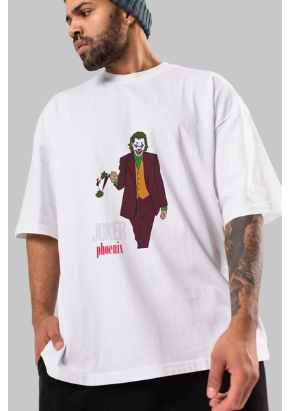 Joker (11) Ön Baskılı Beyaz Oversize T-Shirt Bisiklet Yaka Erkek Kadın modelleri