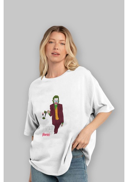 Joker (11) Ön Baskılı Beyaz Oversize T-Shirt Bisiklet Yaka Erkek Kadın fırsatları