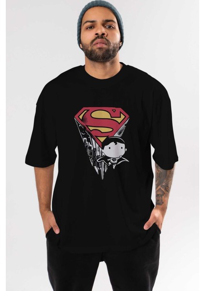 Superman Ön Baskılı Siyah Oversize T-Shirt Bisiklet Yaka Erkek Kadın
