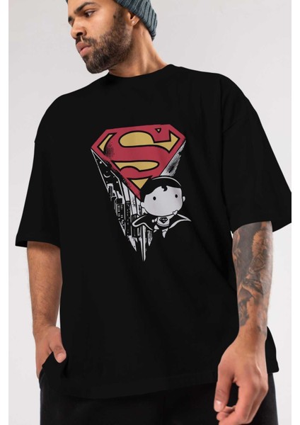 Superman Ön Baskılı Siyah Oversize T-Shirt Bisiklet Yaka Erkek Kadın modelleri