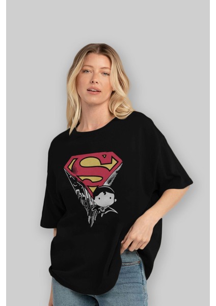 Superman Ön Baskılı Siyah Oversize T-Shirt Bisiklet Yaka Erkek Kadın fırsatları