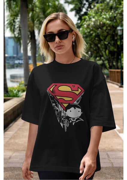 Superman Ön Baskılı Siyah Oversize T-Shirt Bisiklet Yaka Erkek Kadın indirimleri
