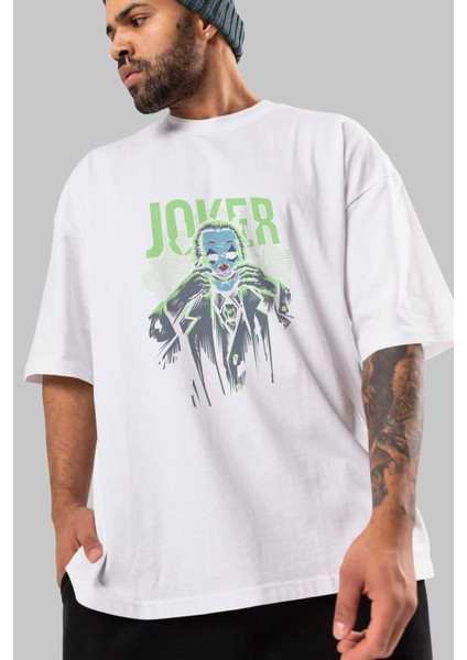 Joker (9) Ön Baskılı Beyaz Oversize T-Shirt Bisiklet Yaka Erkek Kadın modelleri
