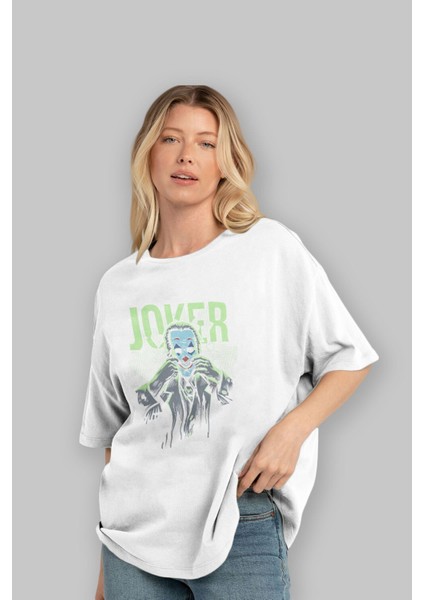 Joker (9) Ön Baskılı Beyaz Oversize T-Shirt Bisiklet Yaka Erkek Kadın fırsatları