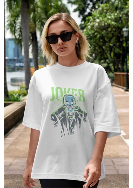Joker (9) Ön Baskılı Beyaz Oversize T-Shirt Bisiklet Yaka Erkek Kadın indirimleri