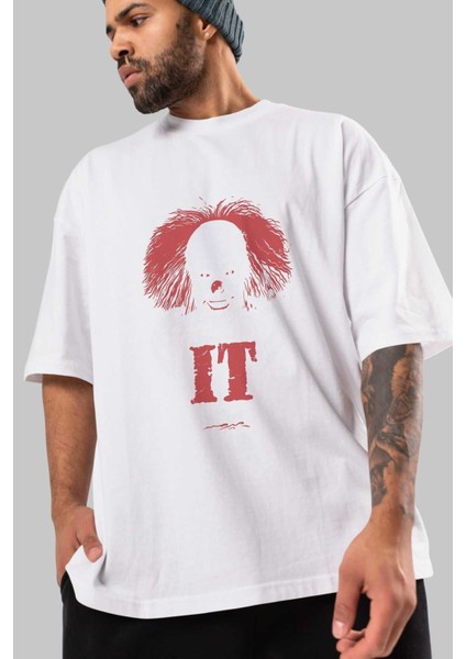 It Ön Baskılı Beyaz Oversize T-Shirt Bisiklet Yaka Erkek Kadın modelleri