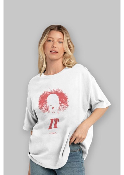 It Ön Baskılı Beyaz Oversize T-Shirt Bisiklet Yaka Erkek Kadın fırsatları