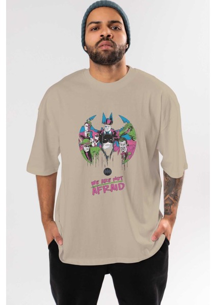 Batman Joker Ön Baskılı Bej Oversize T-Shirt Bisiklet Yaka Pamuk Erkek Kadın