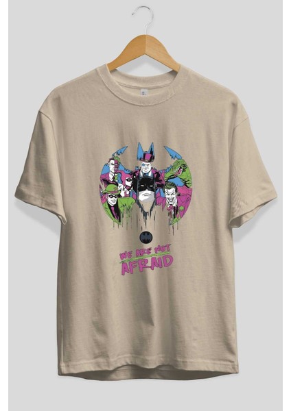 Batman Joker Ön Baskılı Bej Oversize T-Shirt Bisiklet Yaka Pamuk Erkek Kadın fiyatları
