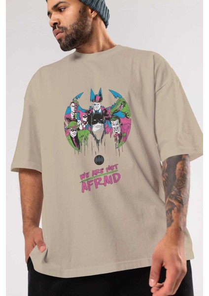 Batman Joker Ön Baskılı Bej Oversize T-Shirt Bisiklet Yaka Pamuk Erkek Kadın modelleri
