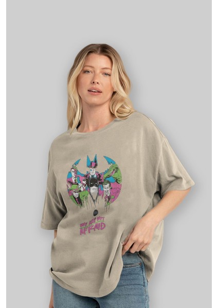 Batman Joker Ön Baskılı Bej Oversize T-Shirt Bisiklet Yaka Pamuk Erkek Kadın fırsatları