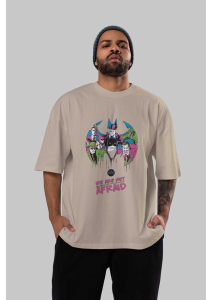 Batman Joker Ön Baskılı Bej Oversize T-Shirt Bisiklet Yaka Pamuk Erkek Kadın indirimleri