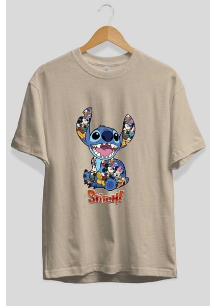 Stitch Ön Baskılı Bej Oversize T-Shirt Bisiklet Yaka Pamuk Erkek Kadın fiyatları