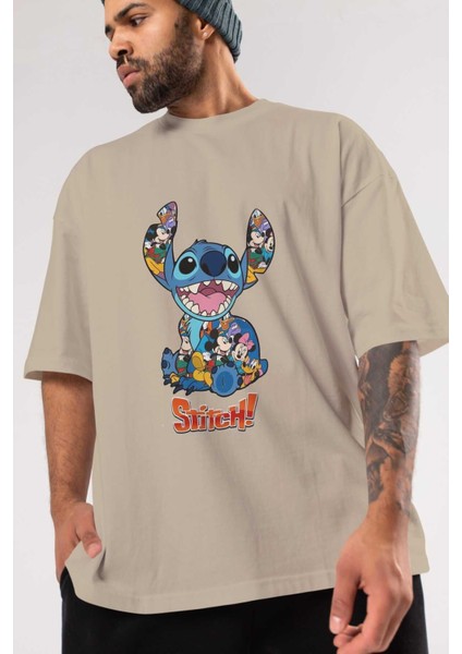 Stitch Ön Baskılı Bej Oversize T-Shirt Bisiklet Yaka Pamuk Erkek Kadın modelleri