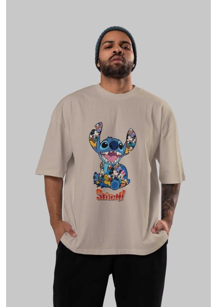 Stitch Ön Baskılı Bej Oversize T-Shirt Bisiklet Yaka Pamuk Erkek Kadın indirimleri
