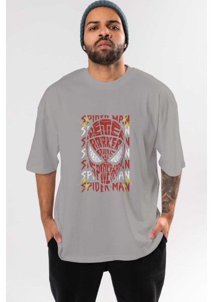 Spiderman (12) Ön Baskılı Gri Oversize T-Shirt Bisiklet Yaka Pamuk Erkek Kadın