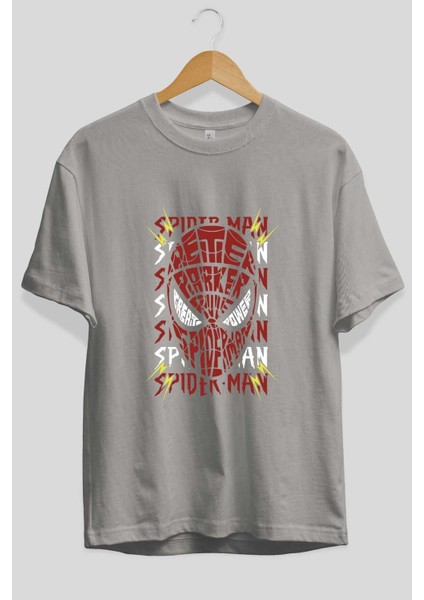 Spiderman (12) Ön Baskılı Gri Oversize T-Shirt Bisiklet Yaka Pamuk Erkek Kadın