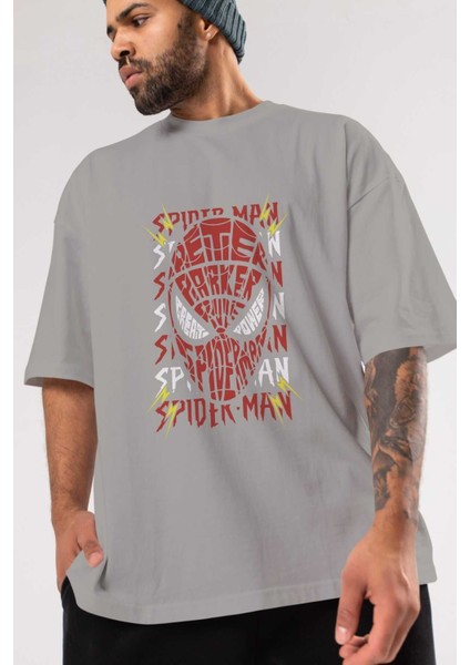 Spiderman (12) Ön Baskılı Gri Oversize T-Shirt Bisiklet Yaka Pamuk Erkek Kadın