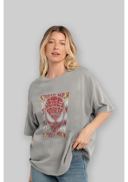 Spiderman (12) Ön Baskılı Gri Oversize T-Shirt Bisiklet Yaka Pamuk Erkek Kadın