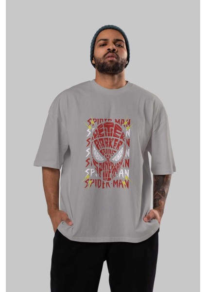 Spiderman (12) Ön Baskılı Gri Oversize T-Shirt Bisiklet Yaka Pamuk Erkek Kadın
